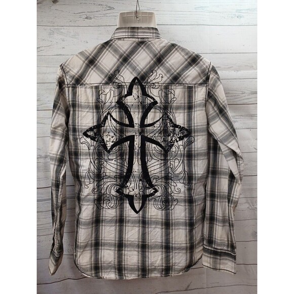 Mens Buckle BKE Shirt Black Label Thick Stitch Cross Embroidery Sz M Gray Plaid - Picture 3 of 11
